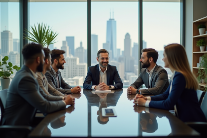 Groupe de professionnels en réunion dans un bureau lumineux