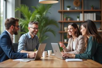 Groupe de quatre adultes en réunion dans un bureau lumineux