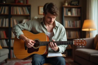 Jeune guitariste jouant les accords de Je Te Promets sur une guitare acoustique avec une grille d'accords manuscrite posée sur ses genoux