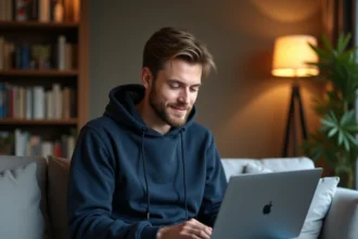 Homme consultant un abonnement Canal Plus sur son ordinateur portable dans un salon moderne