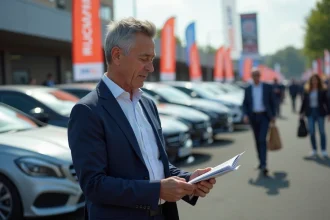 Homme d'affaires en costume dans un marché automobile en France