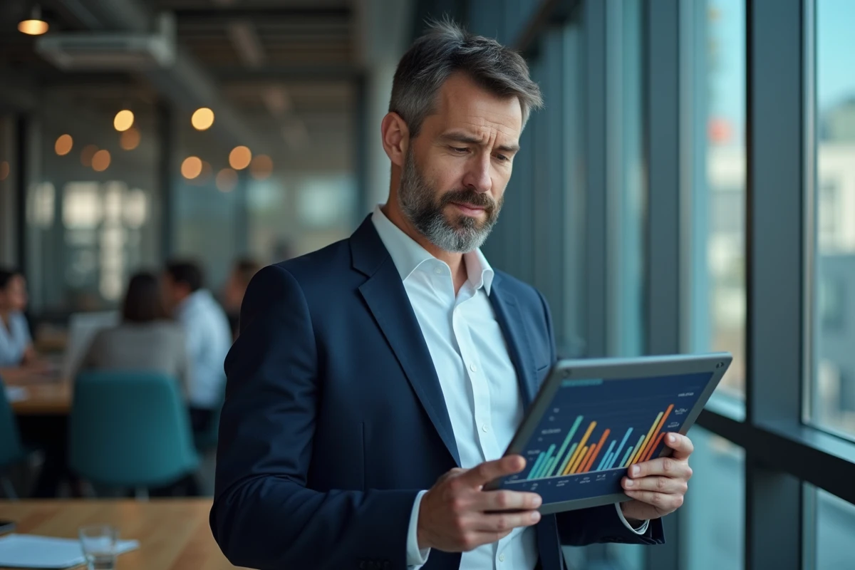 Homme d'affaires analysant un graphique numérique dans un bureau moderne