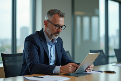 Homme d'affaires en costume bleu analysant un graphique sur tablette