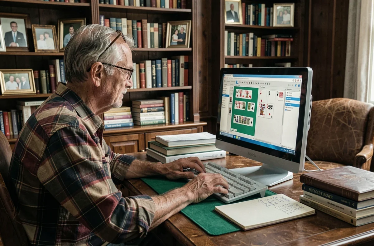 Homme âgé jouant à la belote coinchée en ligne sur ordinateur de bureau dans un bureau à domicile vintage avec tapis de carte