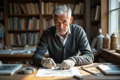 Homme mature examinant une impression dans son atelier d'art