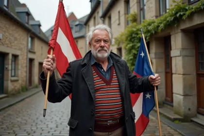 Homme breton avec drapeau de Bretagne en village