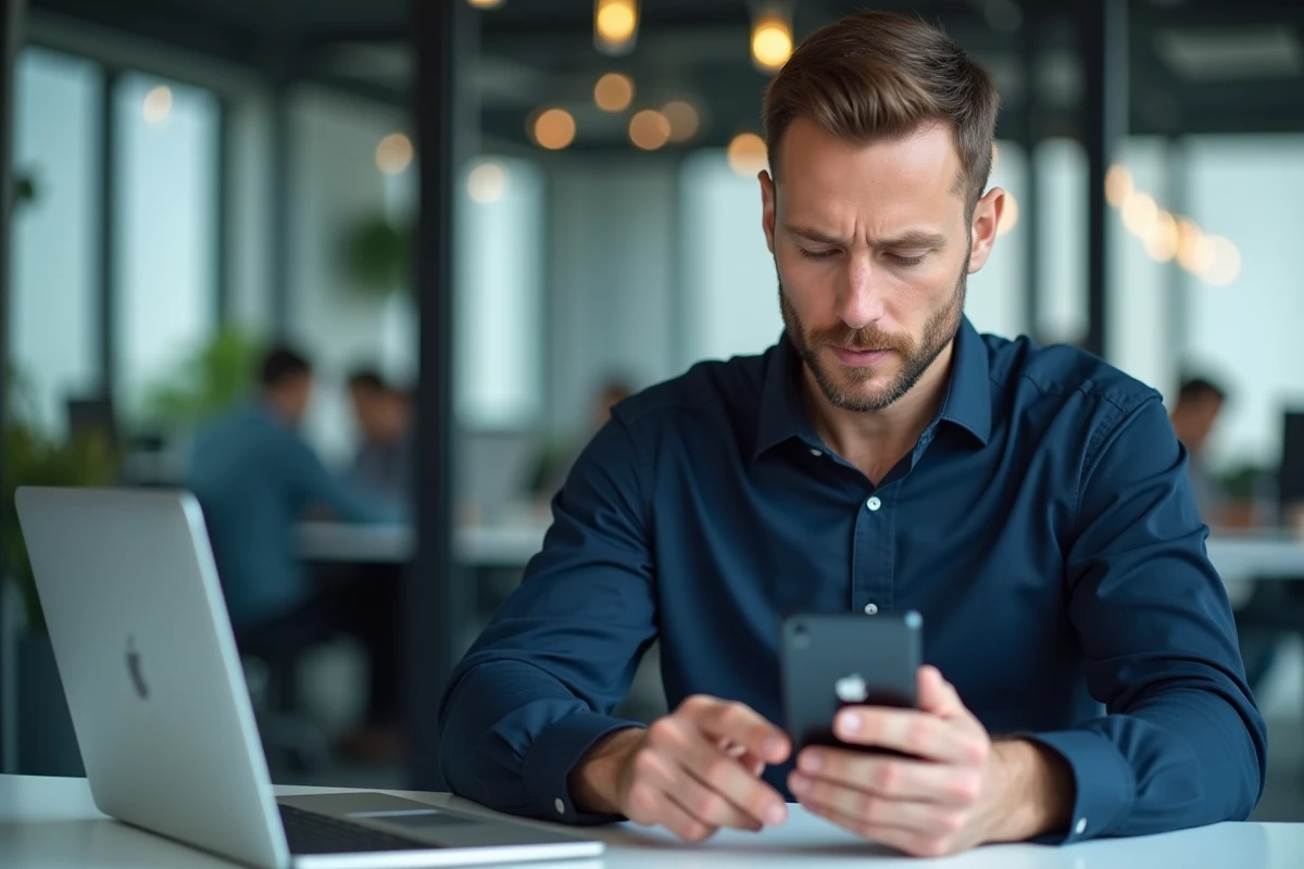 Homme en bureau configurant l'indicatif régional 34 sur son iPhone dans les paramètres d'appel