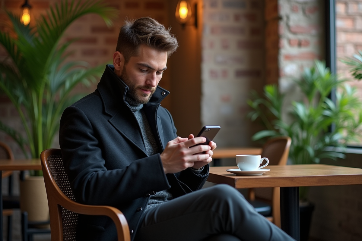 Homme stylé lisant son smartphone dans un café moderne