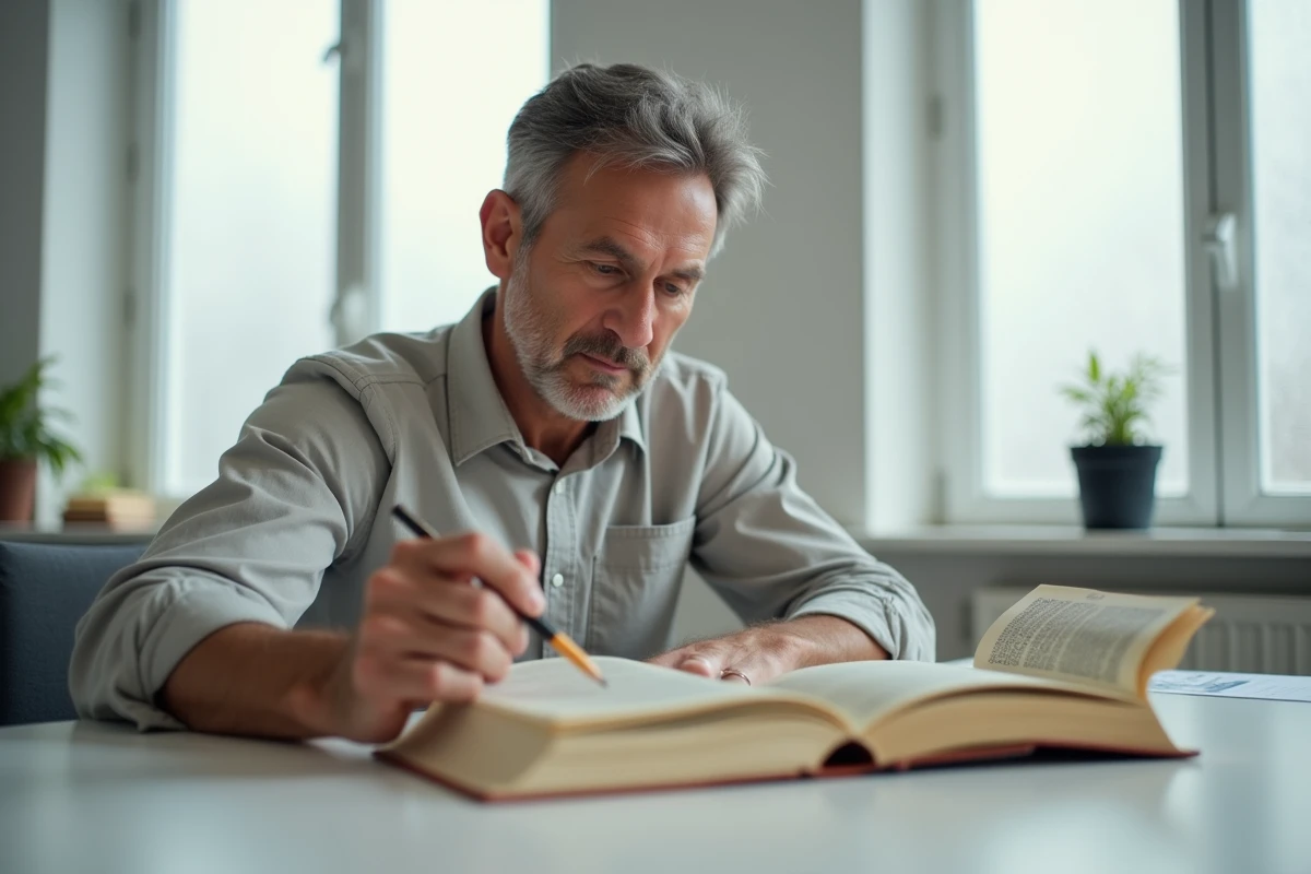 Homme comparant deux dictionnaires ouverts à son bureau, recherchant la différence entre les verbes écouter et entendre