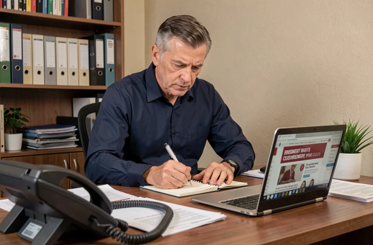 Homme consultant ses droits contre le démarchage téléphonique à son bureau avec des documents et un téléphone fixe