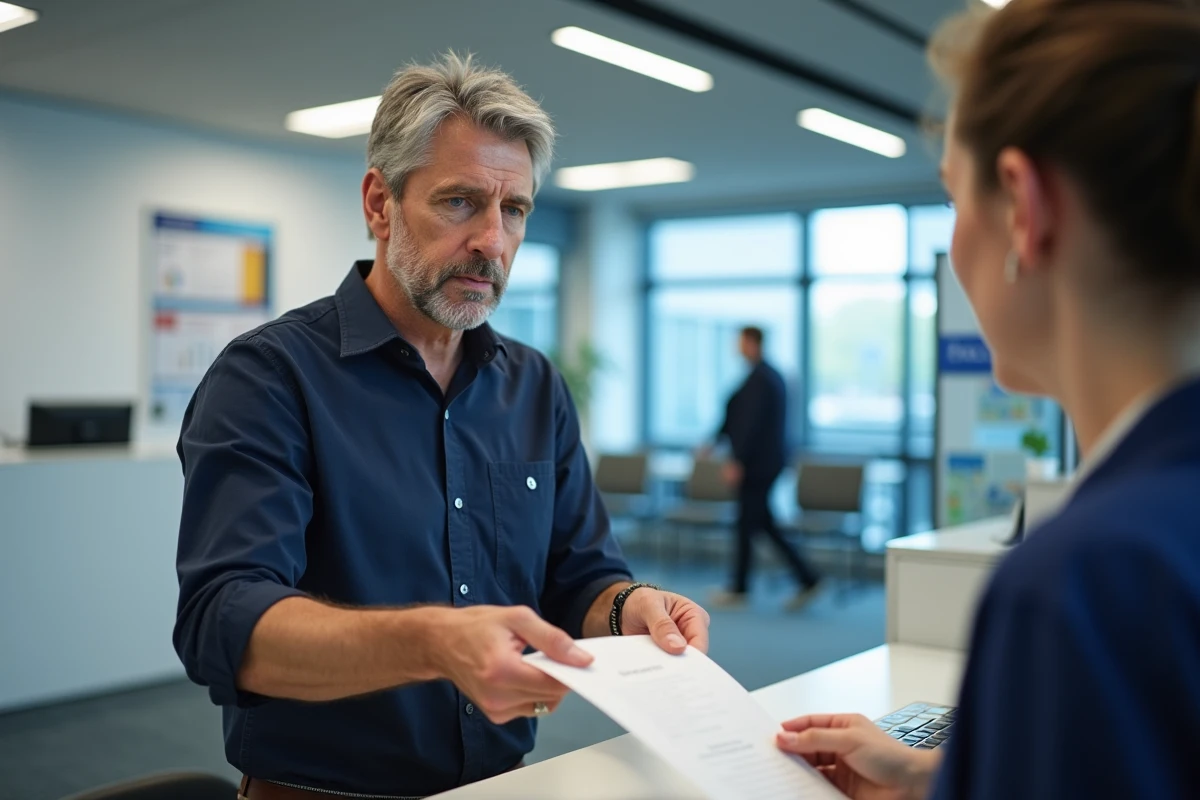 Homme déposant des documents administratifs au guichet d'une agence France Travail lors d'une désinscription