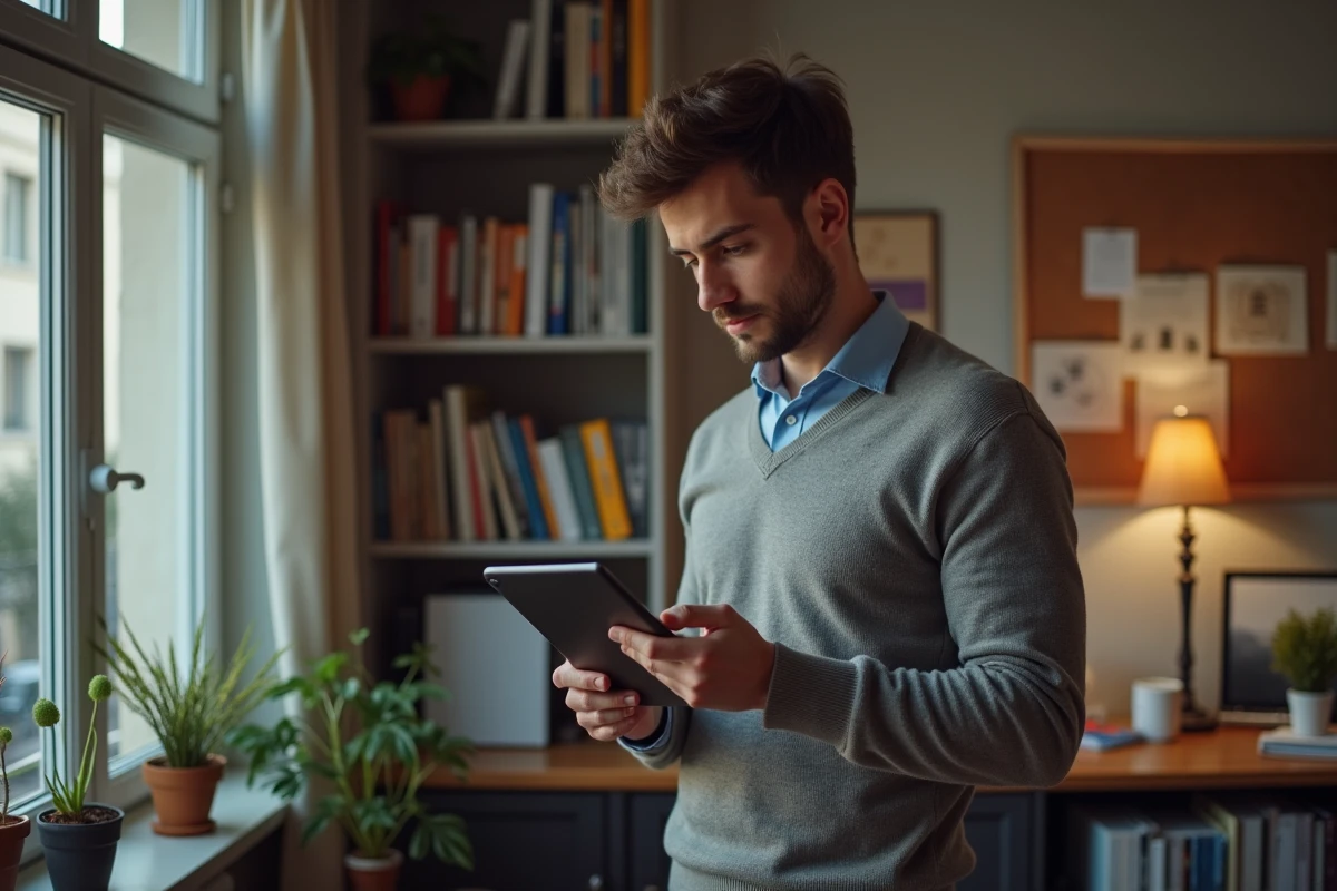 Jeune homme français dans son bureau à domicile