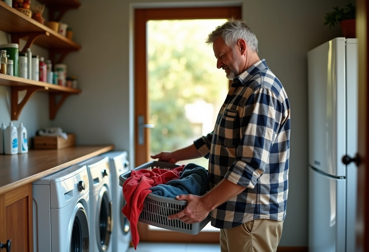 Homme chargeant une machine à laver avec des vêtements d