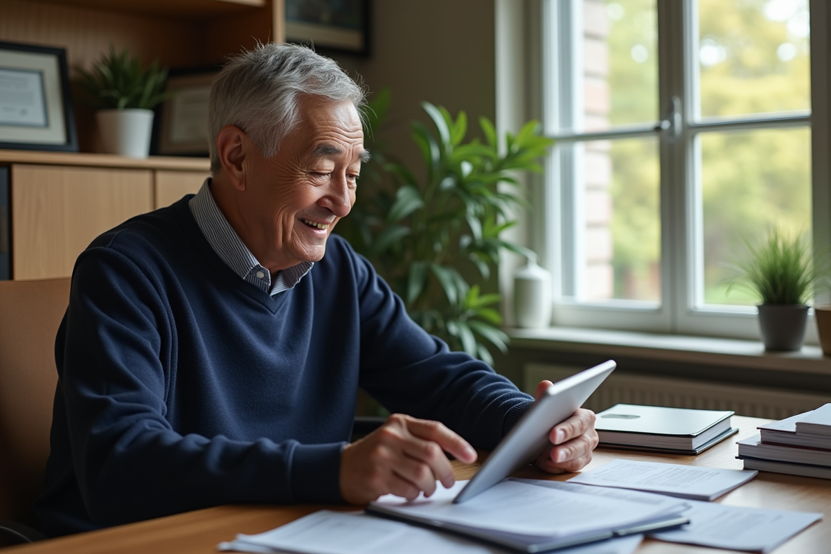 Homme âgé consultant ses finances sur une tablette