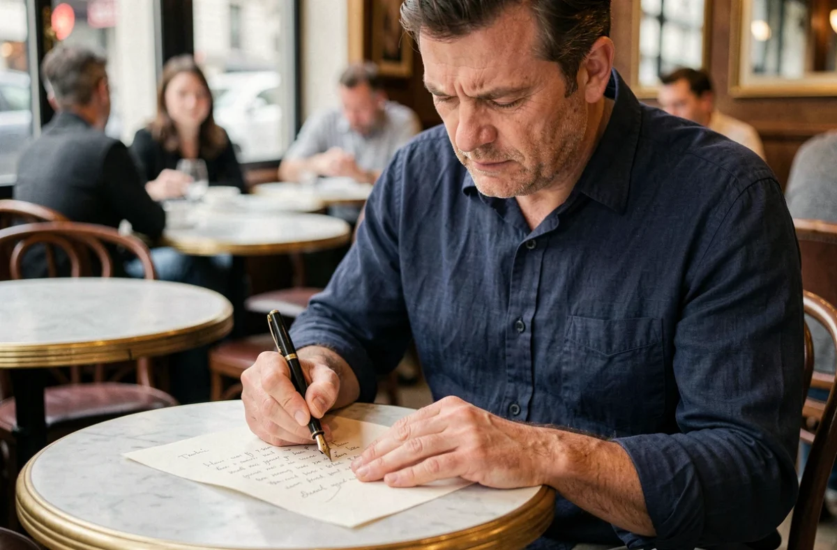 Homme écrivant une lettre manuscrite à la plume dans un café parisien avec une expression concentrée