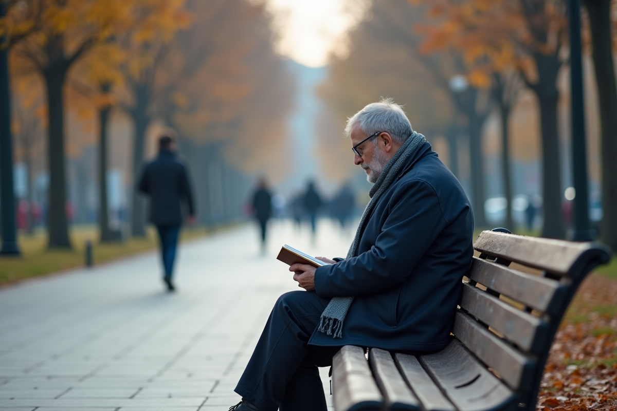 Homme lisant seul dans un parc urbain