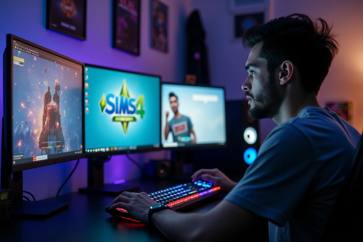 Homme gérant des mods de jeu vidéo sur un PC gaming avec double écran dans une salle de jeux