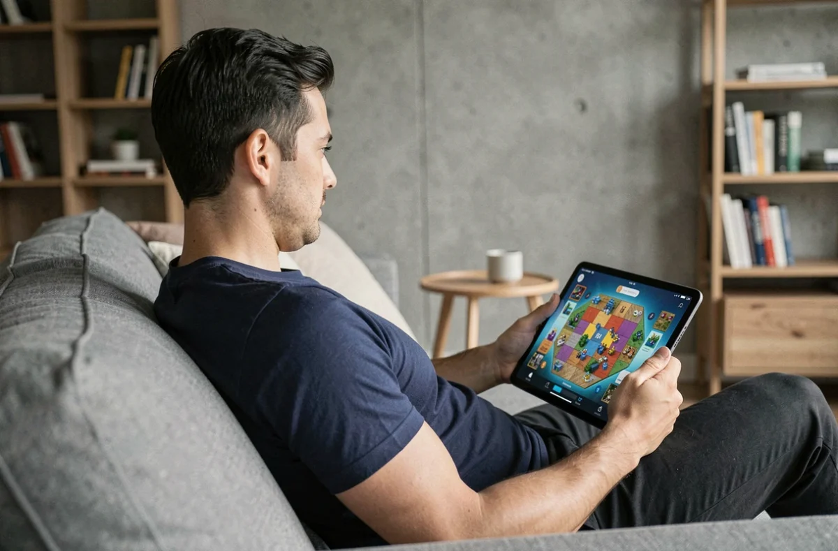 Homme détendu sur un canapé jouant à Monopoly GO sur tablette pour progresser rapidement avec des ressources gratuites