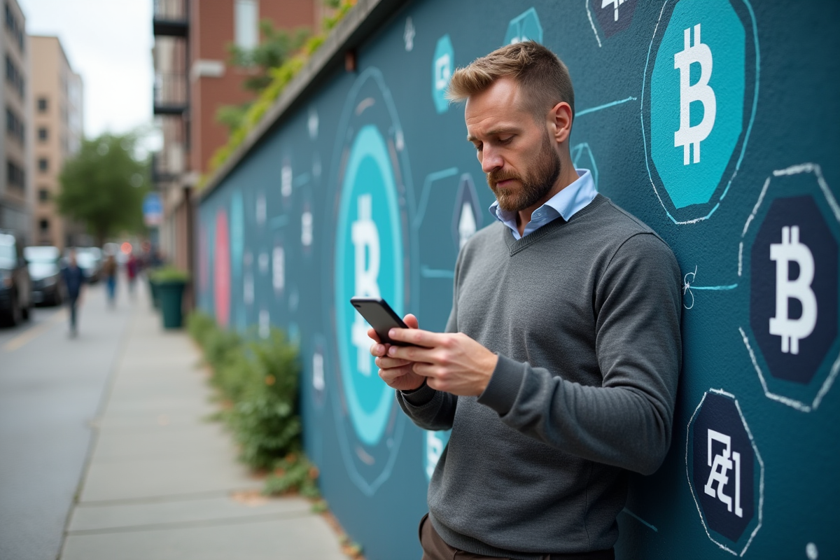 Homme debout devant une fresque blockchain en ville