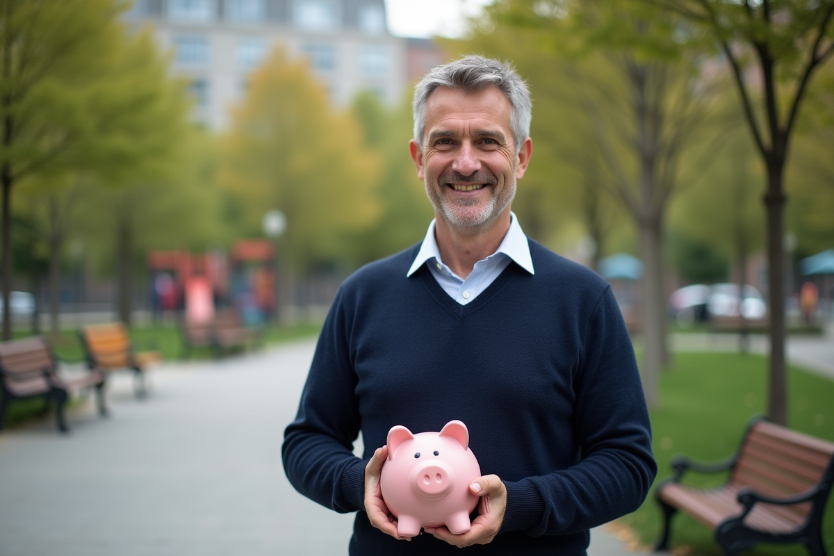 Homme souriant tenant une tirelire dans un parc urbain