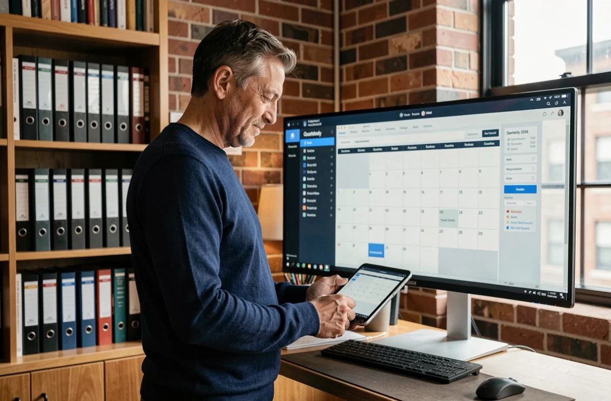 Homme personnalisant un calendrier trimestriel 2026 en ligne sur tablette dans un bureau à domicile