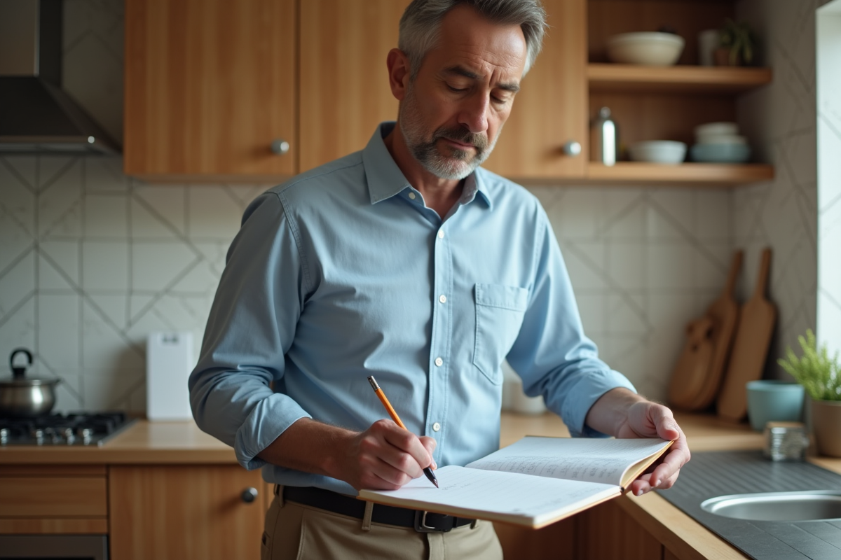 Homme d age moyen écrit son emploi du temps dans la cuisine