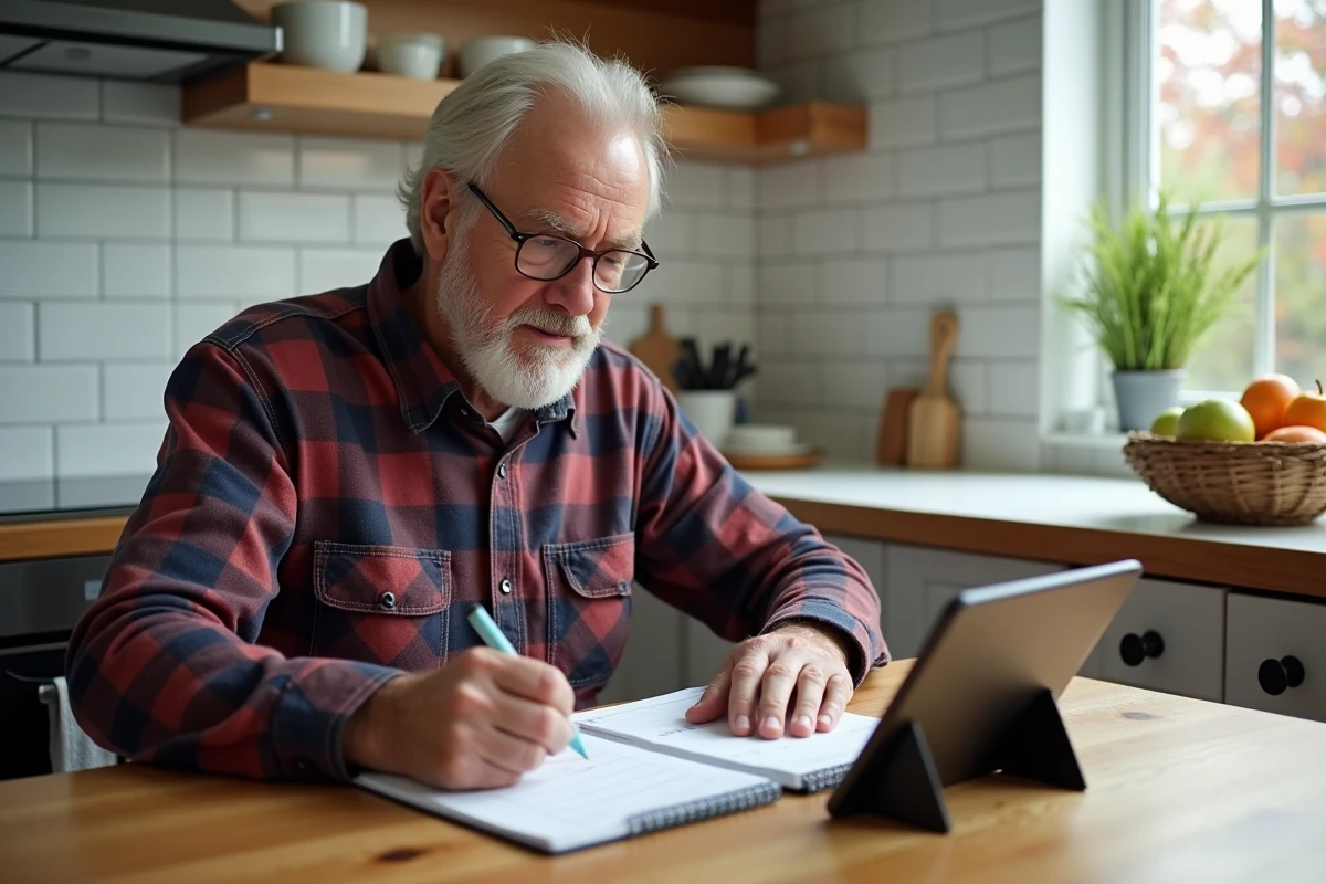 Homme senior planifiant son programme télévisé de l'après-midi sur un agenda papier avec une tablette affichant un guide TV