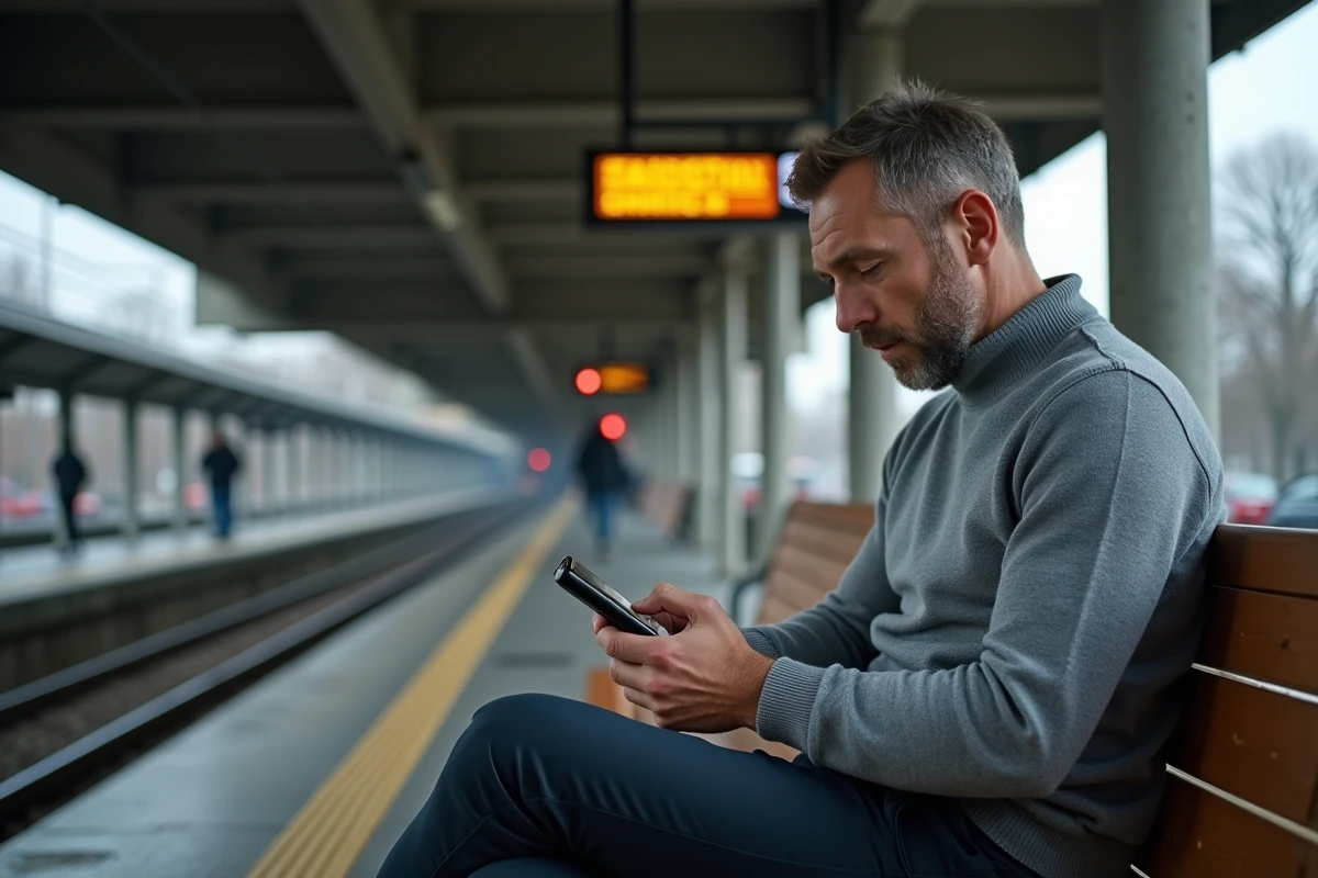 Homme configurant les réglages de notifications RATP sur son téléphone dans une gare RER