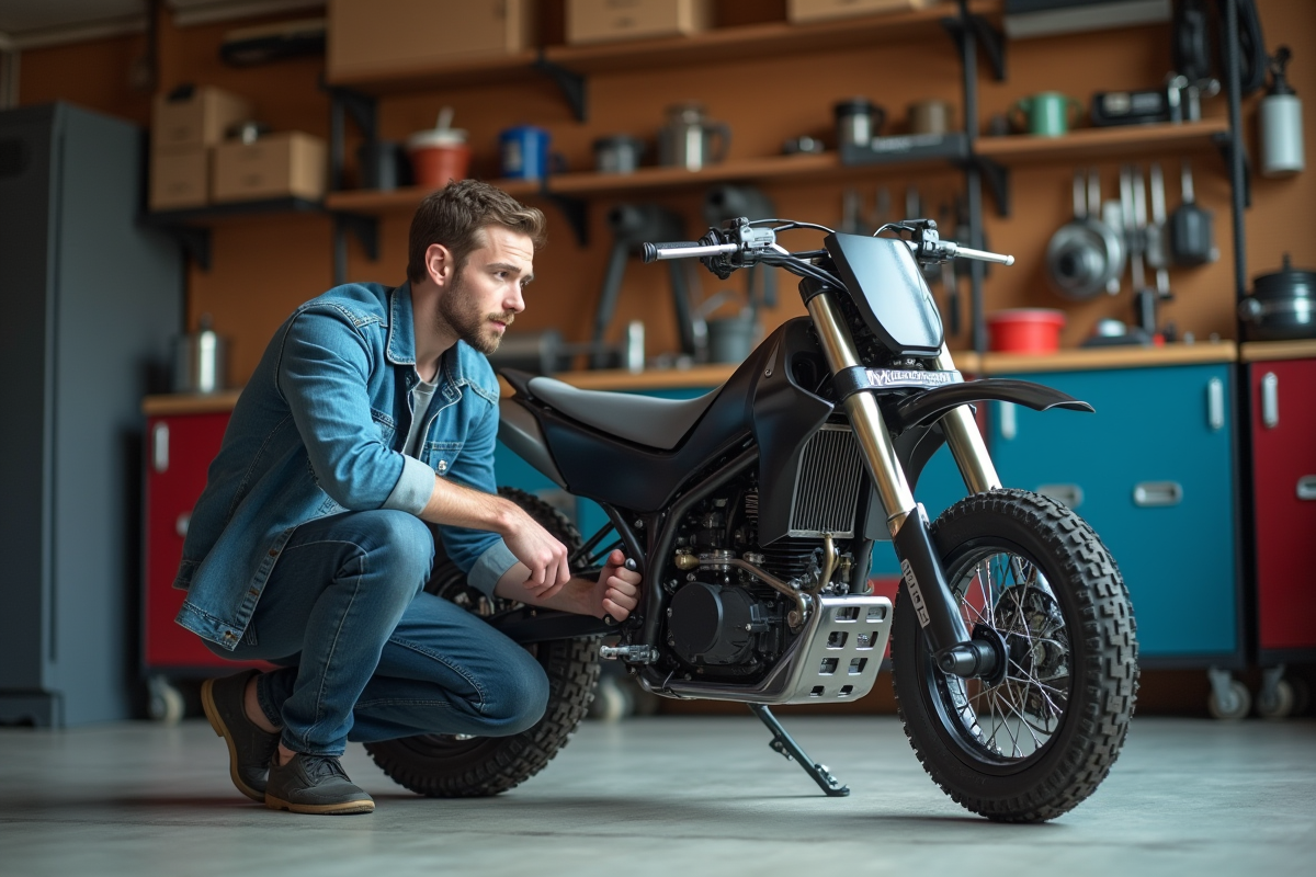 Homme examinant une moto pour jeune dans un garage organisé