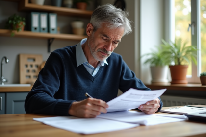 Homme d'âge moyen examine documents immobiliers dans son appartement