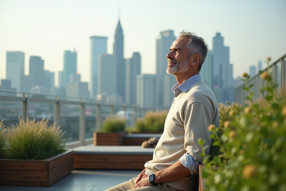 Homme détendu dans un jardin urbain avec vue sur la ville