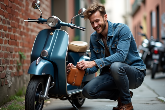 Homme ajustant une selle en cuir sur son scooter Honda Chappy Dax