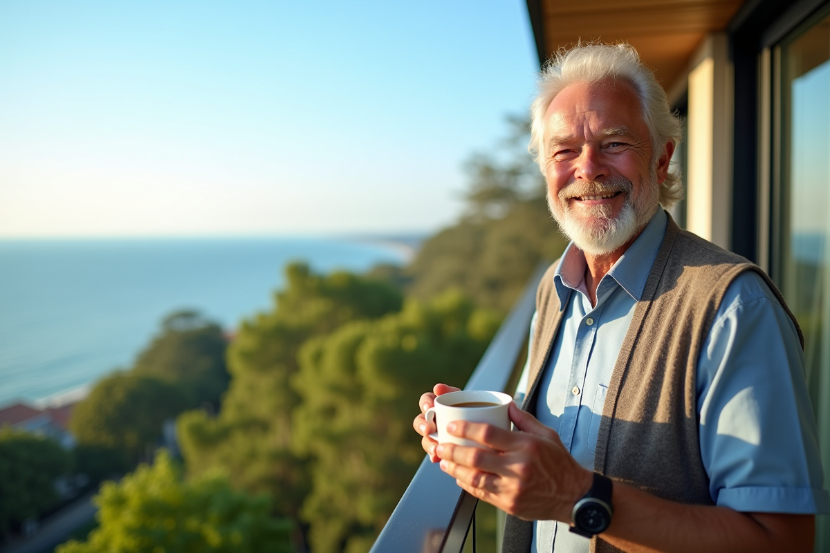 Homme senior profitant du matin sur un balcon avec vue sur la mer