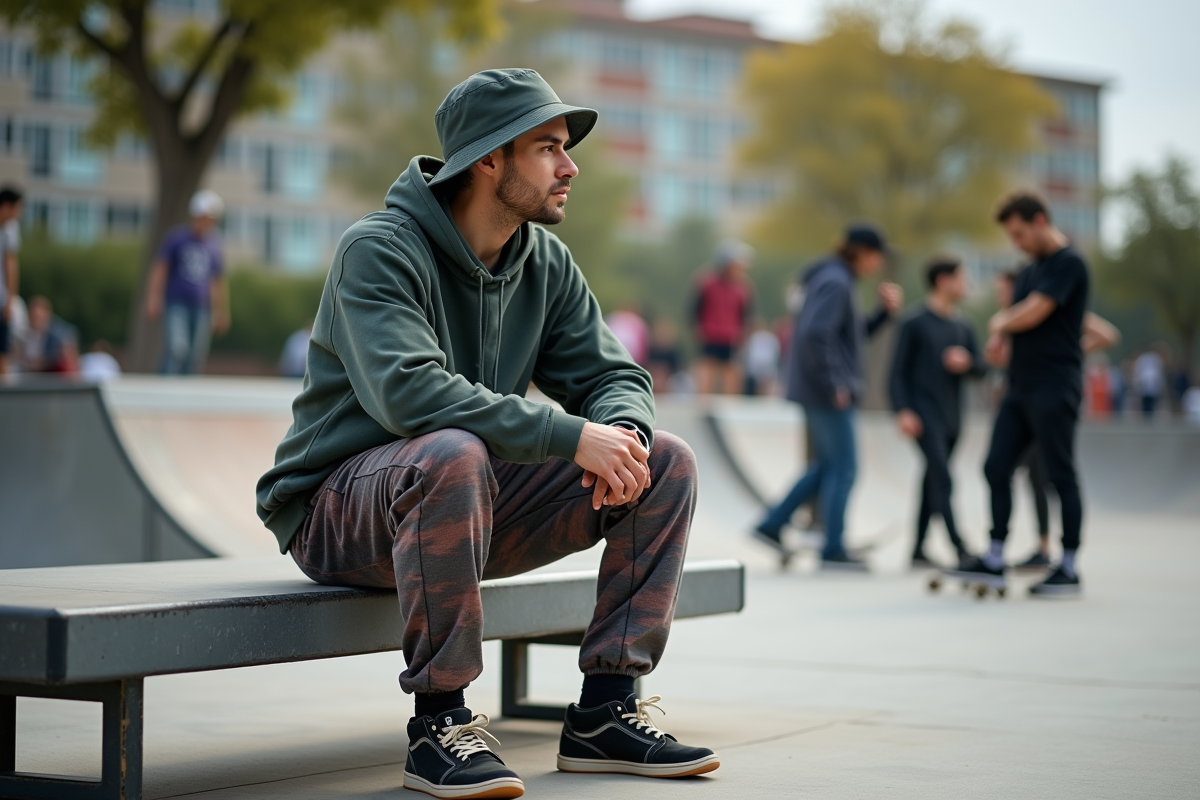 Homme en style décontracté assis au skatepark