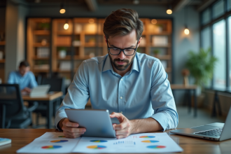 Homme d'affaires concentré analysant une stratégie digitale