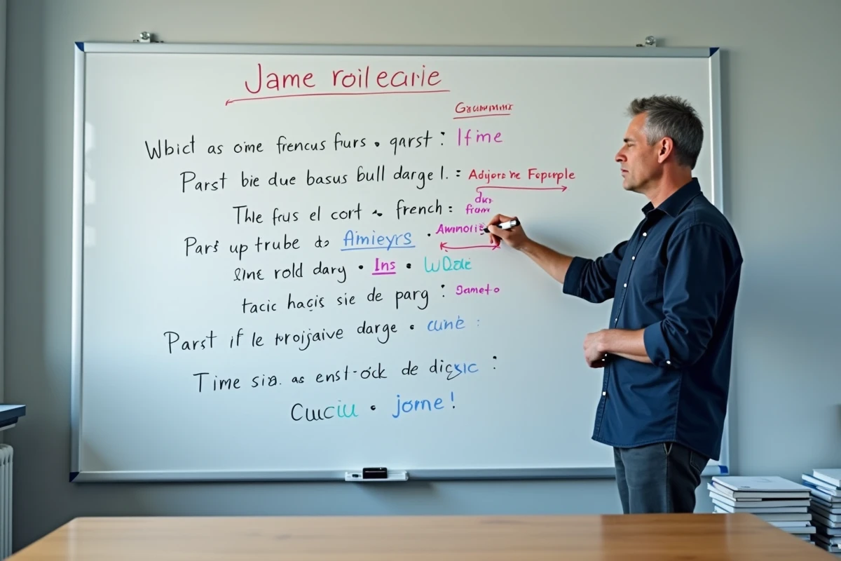 Homme devant un tableau blanc avec des règles de grammaire française annotées en couleur pour retenir l'orthographe correcte