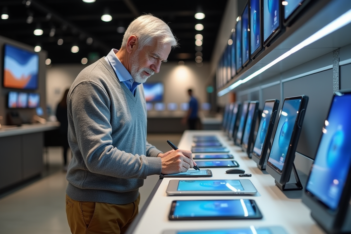 Homme testant une tablette dans un magasin moderne