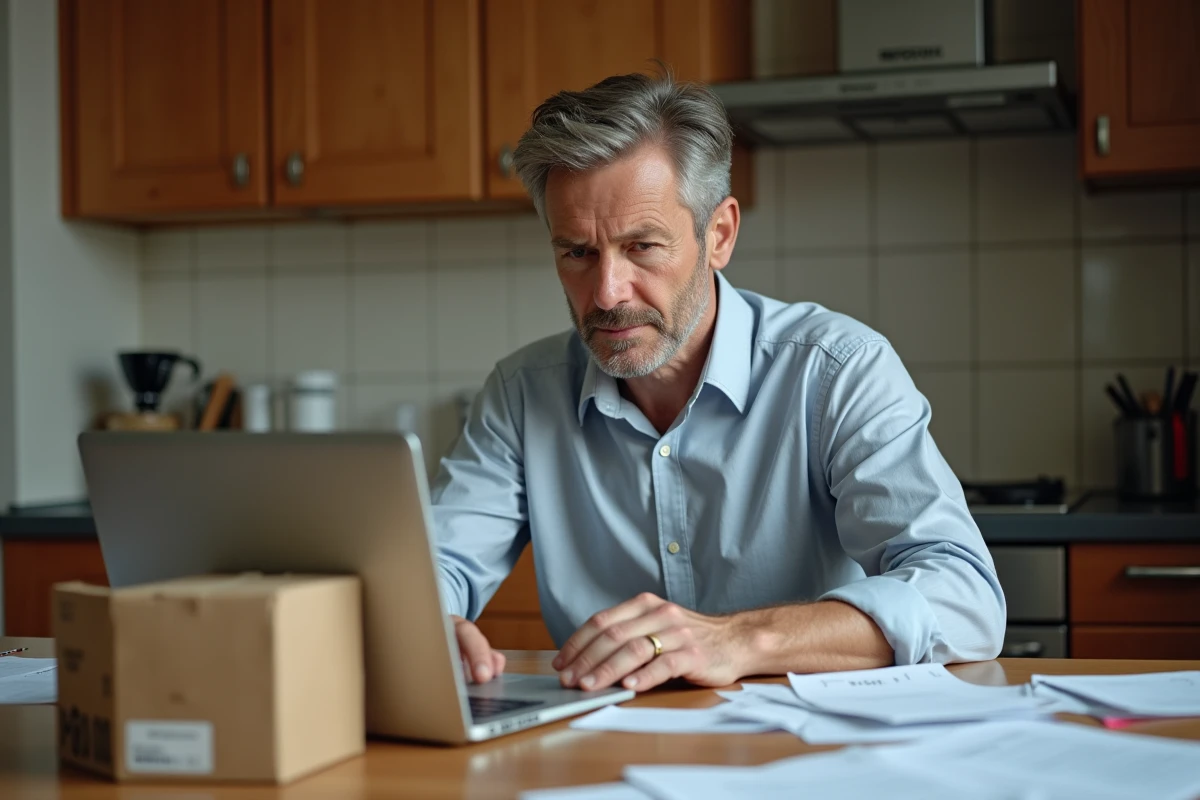Homme vérifie un colis de retours Clevya à la maison