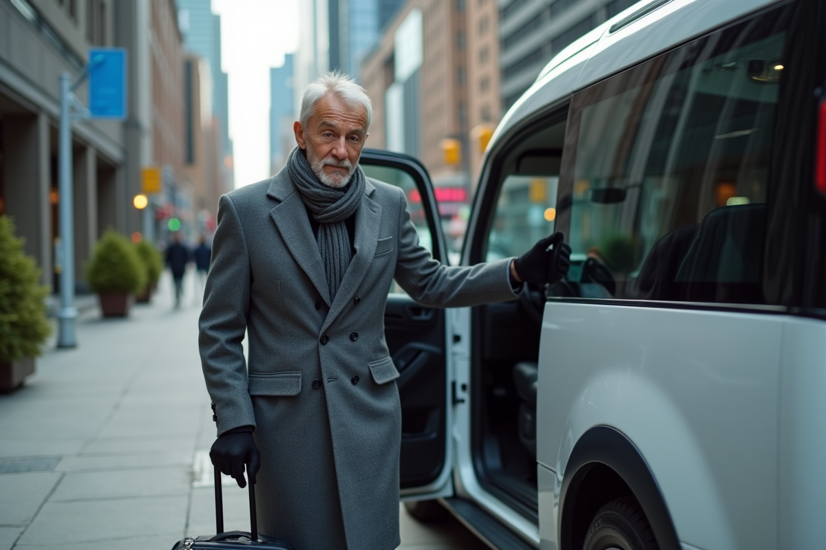 Homme âgé entrant dans une voiture électrique autonome en ville