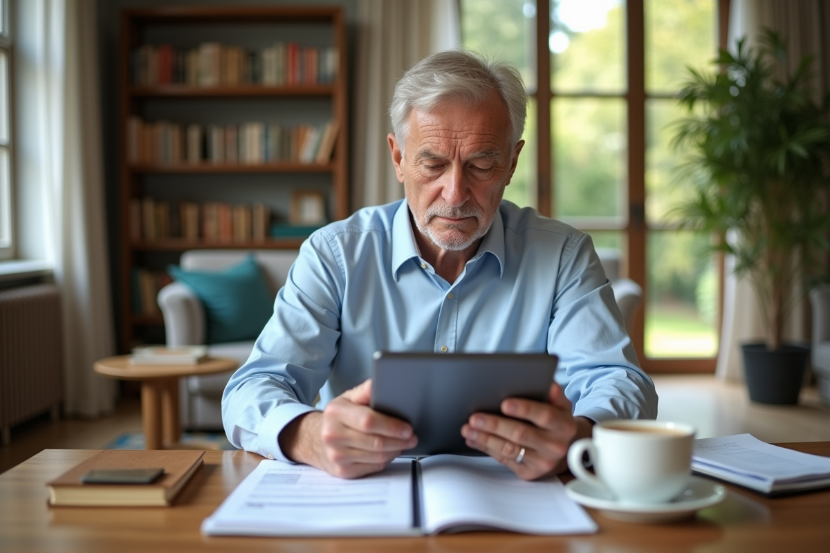 Homme âgé examinant un rapport immobilier sur tablette