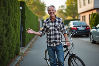 Homme souriant avec vélo lors d'une vente de garage