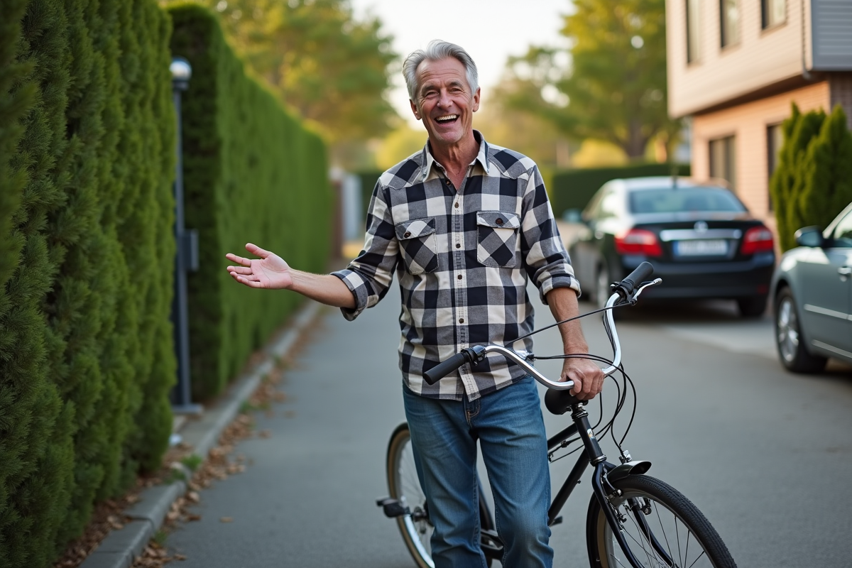 Homme souriant avec vélo lors d'une vente de garage