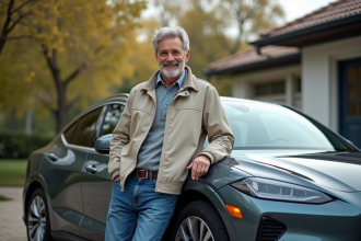 Homme d'âge moyen avec voiture hybride dans son allée
