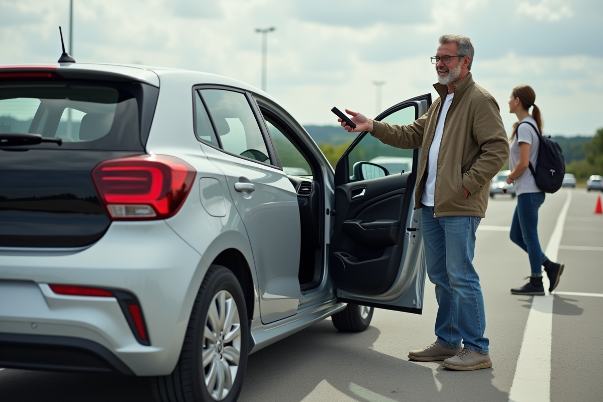 Homme souriant près de sa voiture au stop de repos