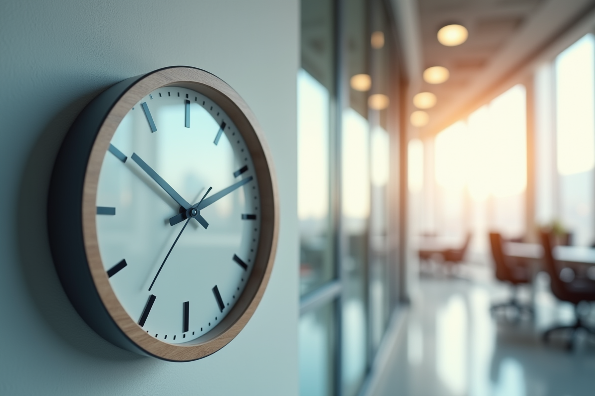 Horloge murale dans un bureau moderne lumineux avec seconde en mouvement