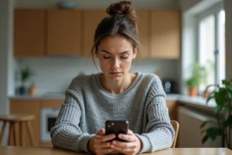 Femme regardant son téléphone avec une expression perplexe après avoir reçu un appel d'un numéro inconnu