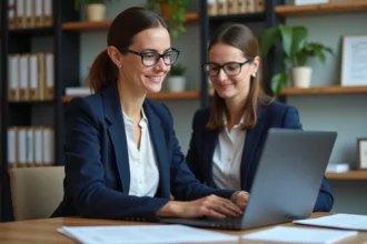 Femme professionnelle remplissant un formulaire d'inscription en ligne pour un congrès notarial sur son ordinateur portable dans un bureau ordonné