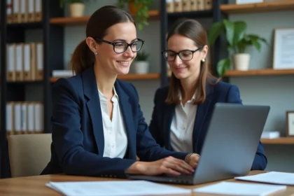 Femme professionnelle remplissant un formulaire d'inscription en ligne pour un congrès notarial sur son ordinateur portable dans un bureau ordonné