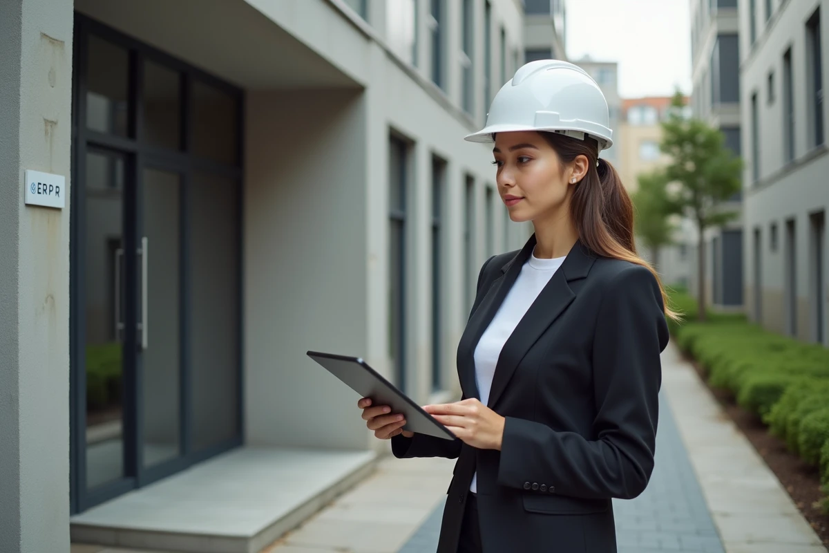 Jeune inspectrice observant une entrée résidentielle avec panneau ERP