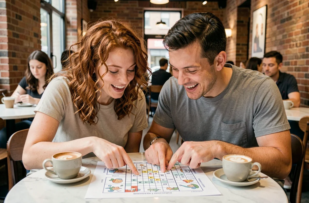 Deux amis collaborant sur un jeu 4 mots 1 image à 9 lettres dans un café urbain